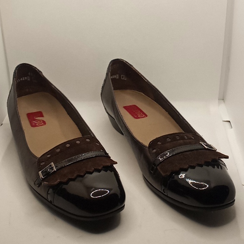 Brown Flats with Glossy Toe Cap and Decorative Strap